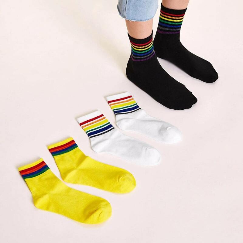 

3pairs Rainbow Striped Pattern Socks, Multicolor