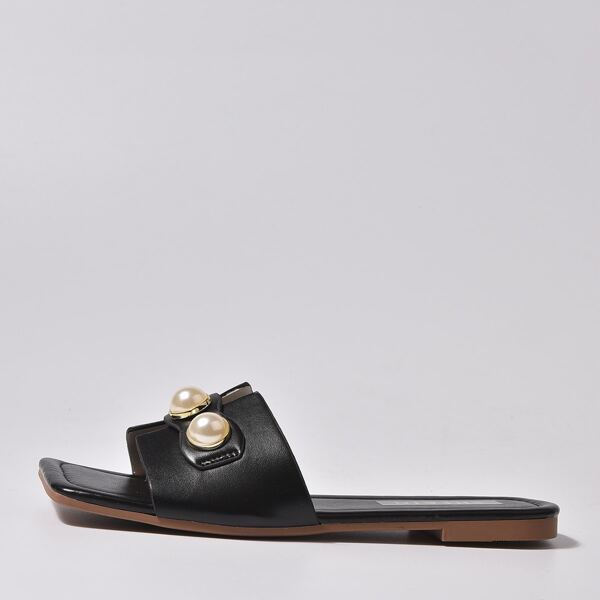 

Open Toe Faux Pearl Decor Sliders, Black
