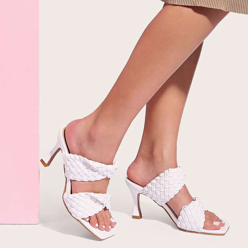

Braided Double Band Heeled Mules, White