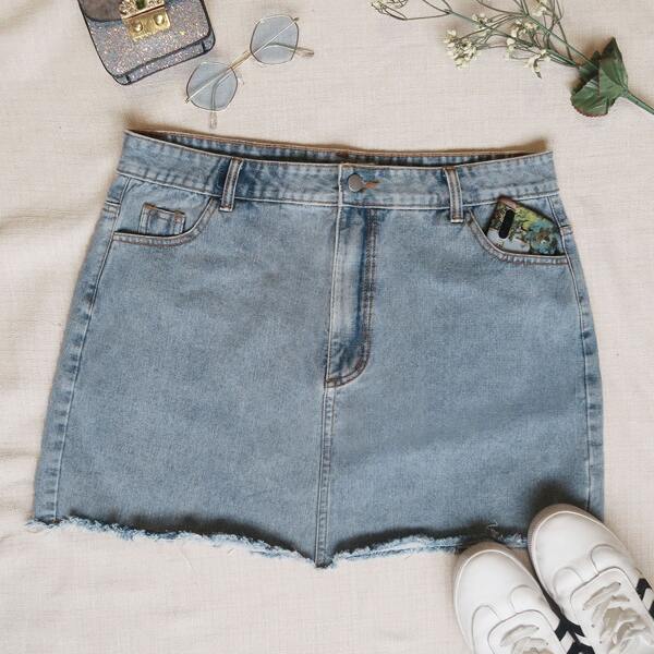 

Plus Raw Hem Slant Pocket Denim Skirt, Blue