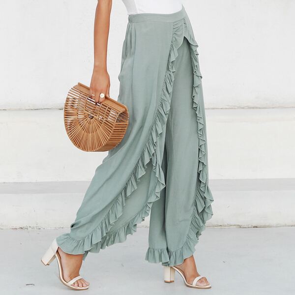 

Ruffle Trim Slit Hem Pants, Green pastel