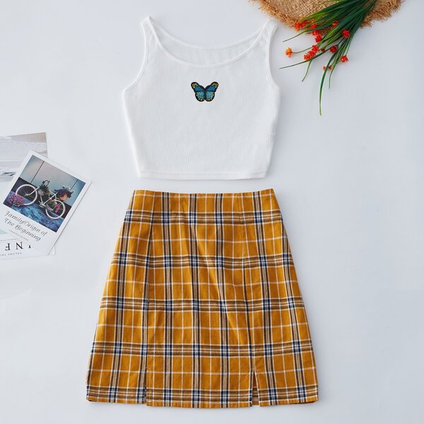 

Butterfly Embroidered Rib-knit Tank Top With Plaid Skirt, Multicolor