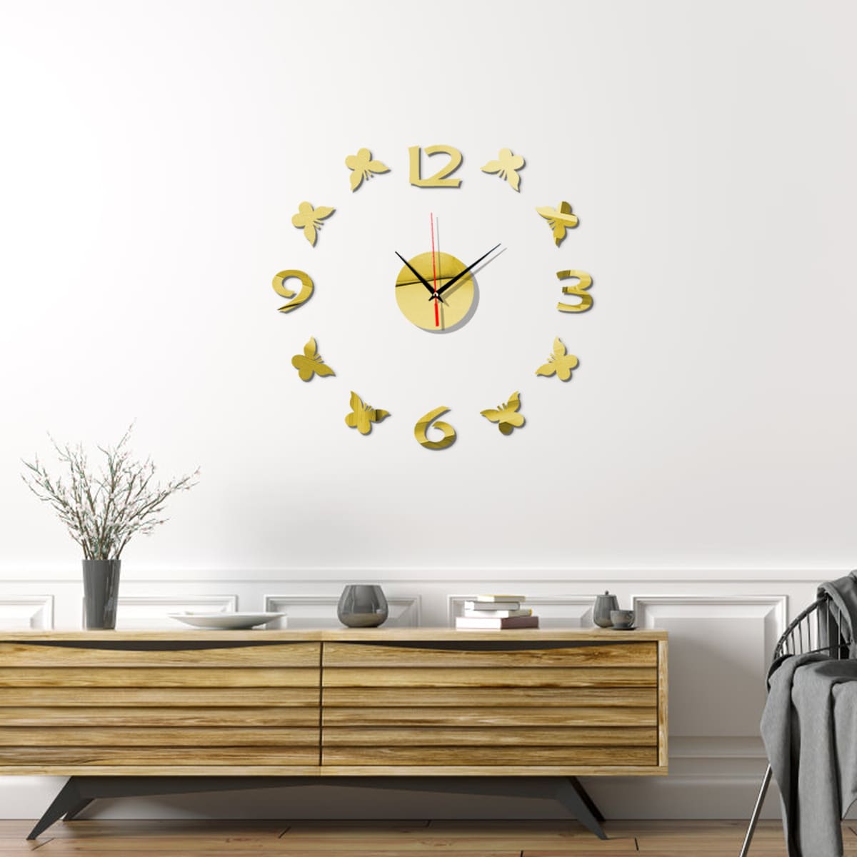 

1set Butterfly Detail Mirror Surface Wall Clock, Multicolor