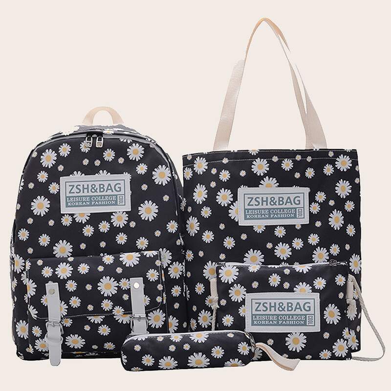 

4pcs Daisy Floral Graphic Bag Set, Black