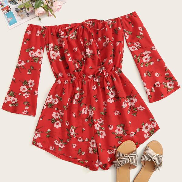 

Plus Floral Print Tie Front Bardot Romper, Red