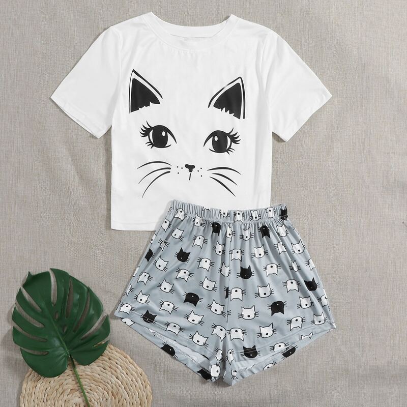 

Cartoon Graphic Tee & Shorts PJ Set, Multicolor