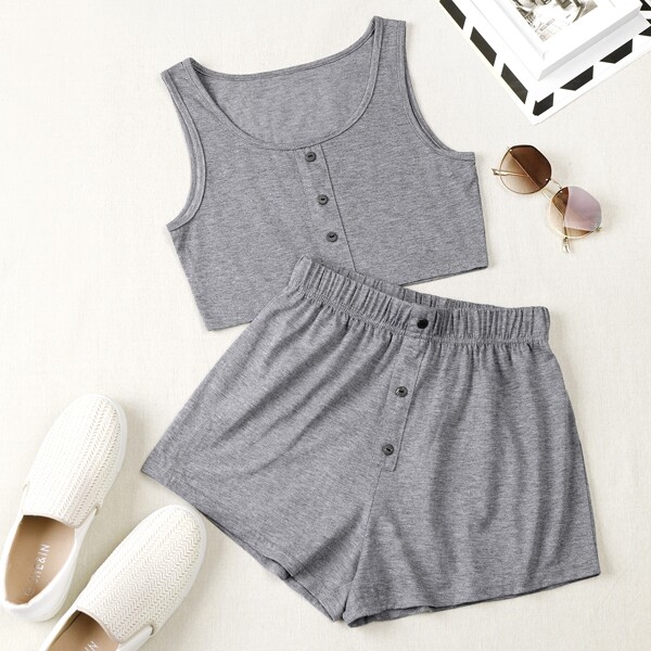 

Button Front Tank Top With Shorts, Grey