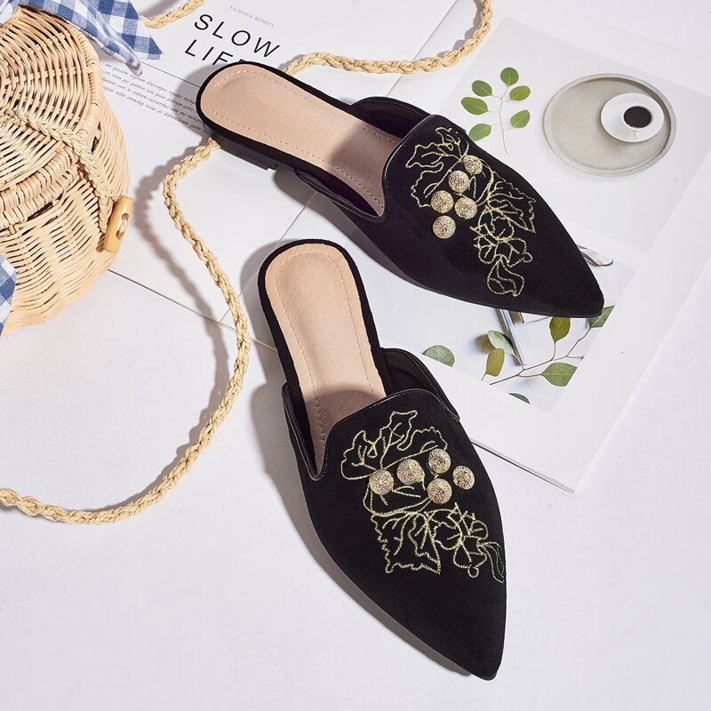 

Embroidered Detail Point Toe Flat Mules, Black