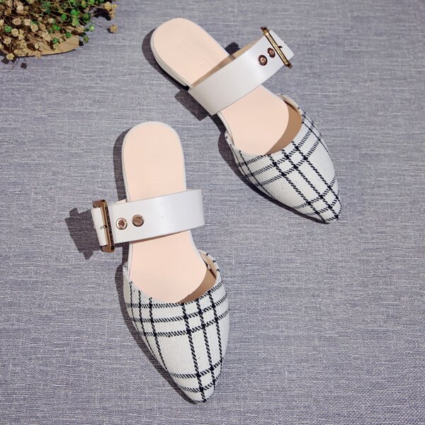 

Point Toe Tartan Flat Mules, Black and white