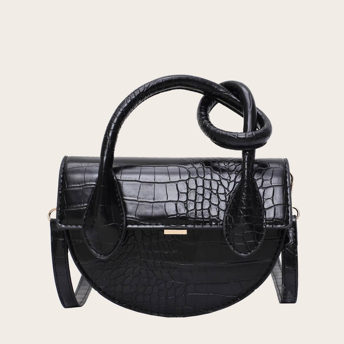 

Croc Embossed Flap Satchel Bag, Black