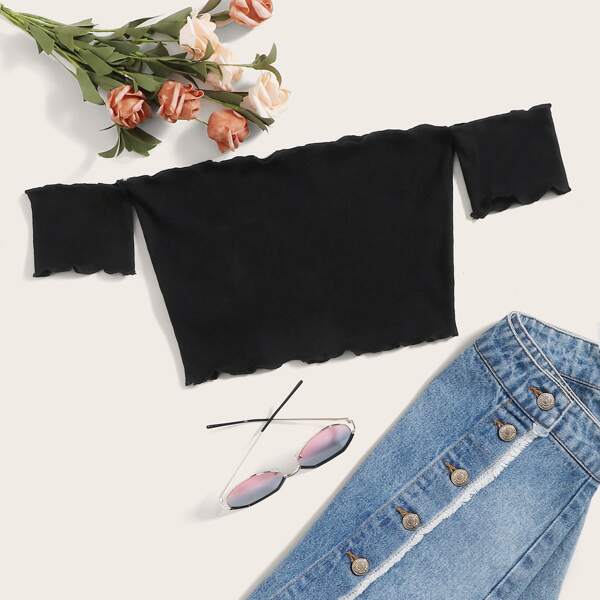 

Lettuce Trim Crop Bardot Top, Black