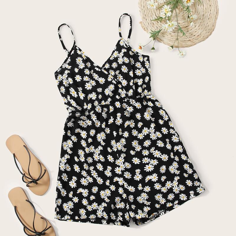 

Daisy Print Surplice Front Cami Romper, Black