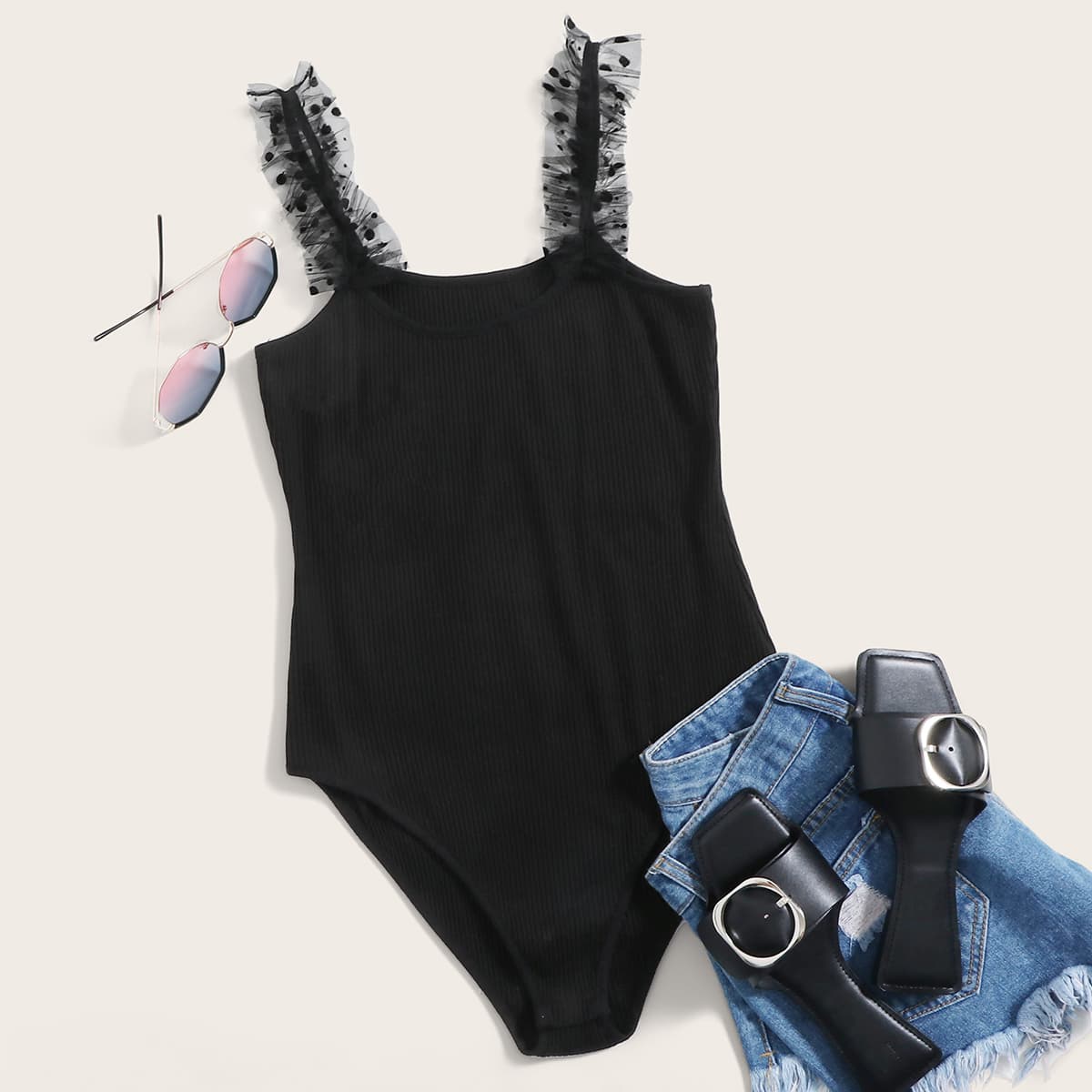 

Contrast Mesh Rib-knit Cami Bodysuit, Black