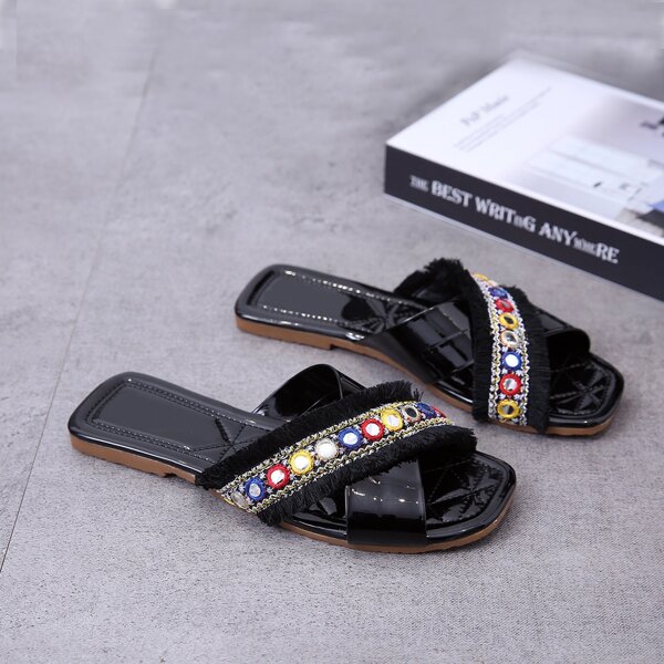 

Tassel Trim Cross Strap Sliders, Black