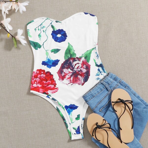 

Floral Print Tube Bodysuit, White