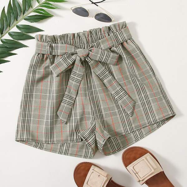 

Plaid Print Paper Bag Waist Shorts With Belt, Multicolor
