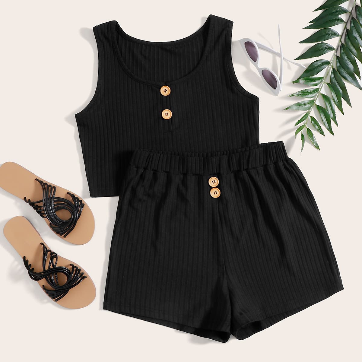

Button Rib-Knit Tank Top With Shorts, Black