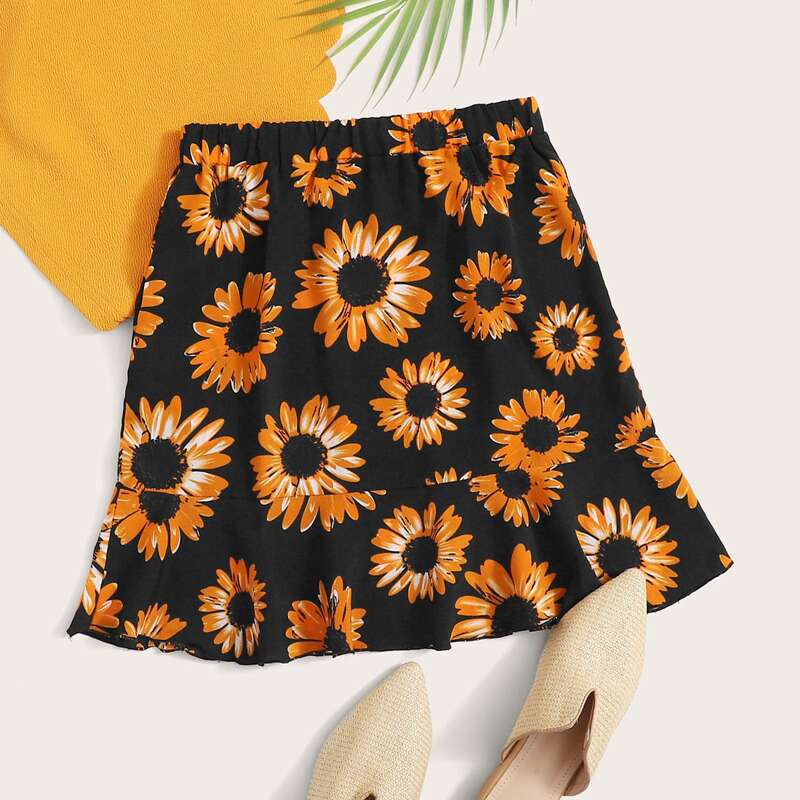 

Floral Print Ruffle Hem Skirt, Black