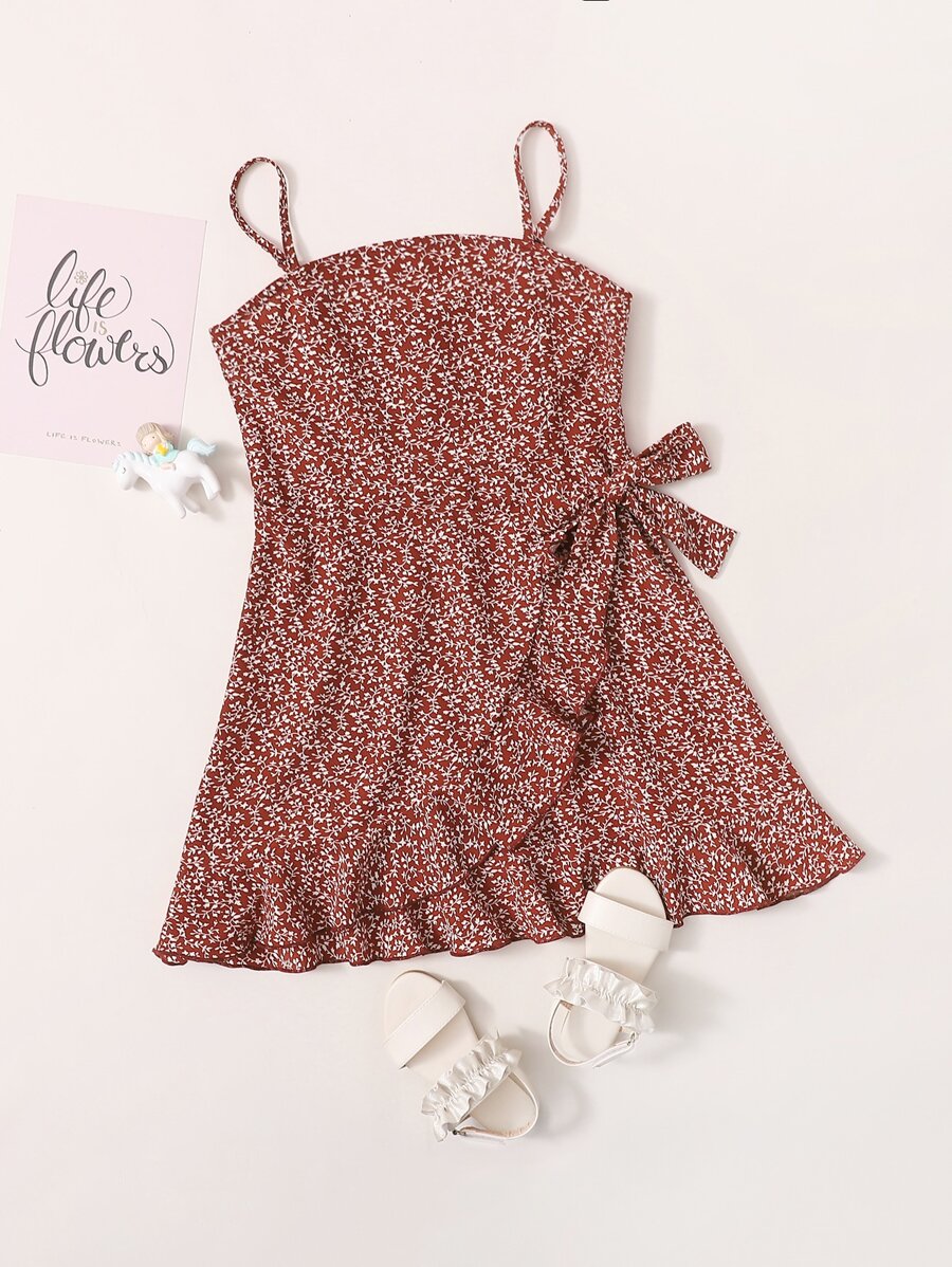 SHEIN Girls Ruffle Hem Wrap Knot Slip Dress - Burgundy - View 1