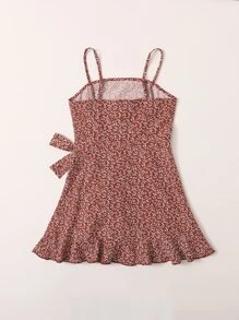 SHEIN Girls Ruffle Hem Wrap Knot Slip Dress - Burgundy - View 2
