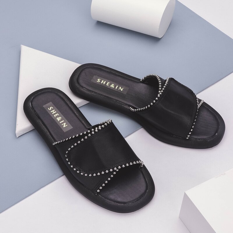 

Studded Decor Velcro Strap Sliders, Black