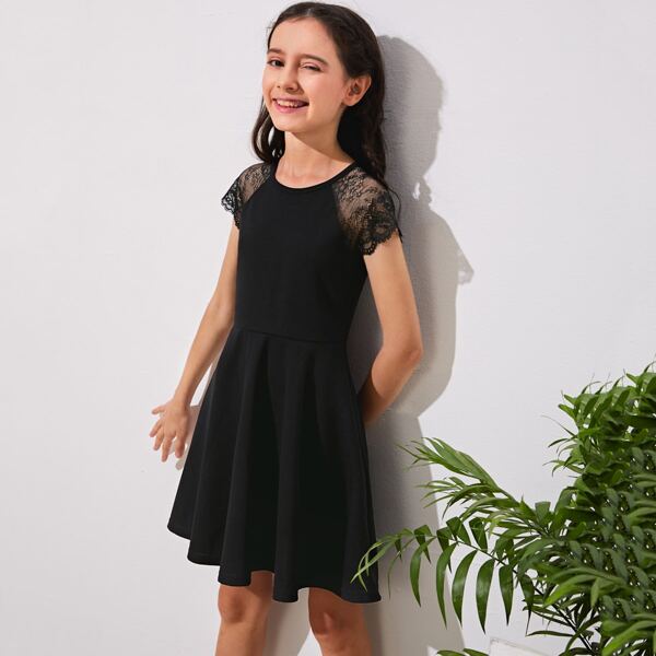 

Girls Lace Raglan Sleeve Flare Dress, Black