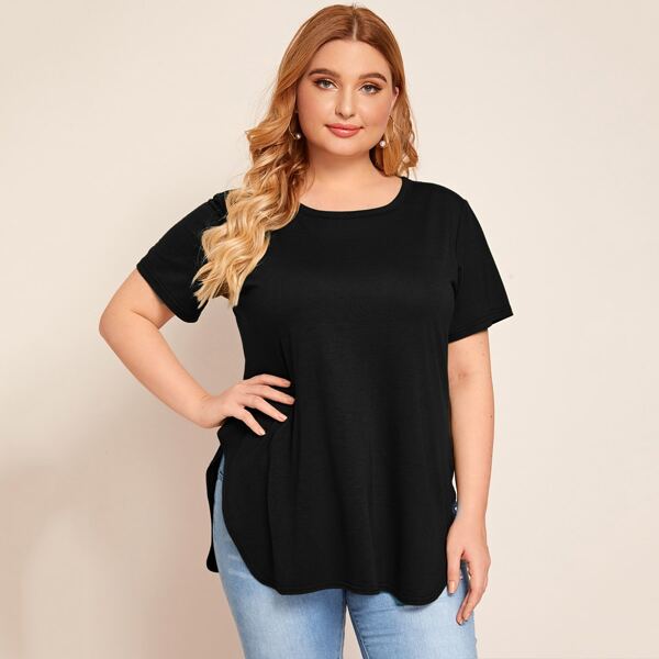 

Plus Slit Hem Solid Tee, Black
