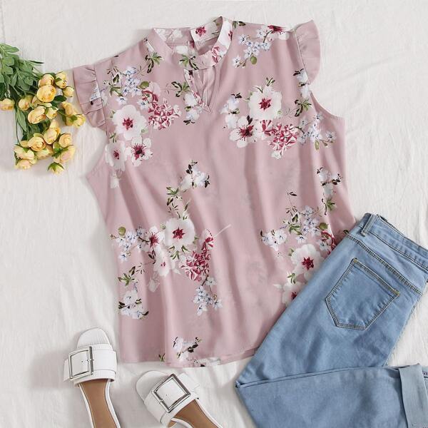 

Plus Floral Print Keyhole Neck Blouse, Pink