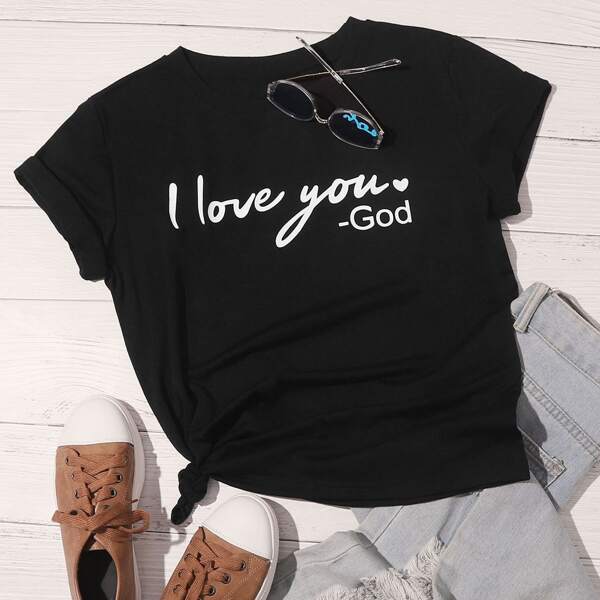 

Slogan Graphic Crew Neck Tee, Black