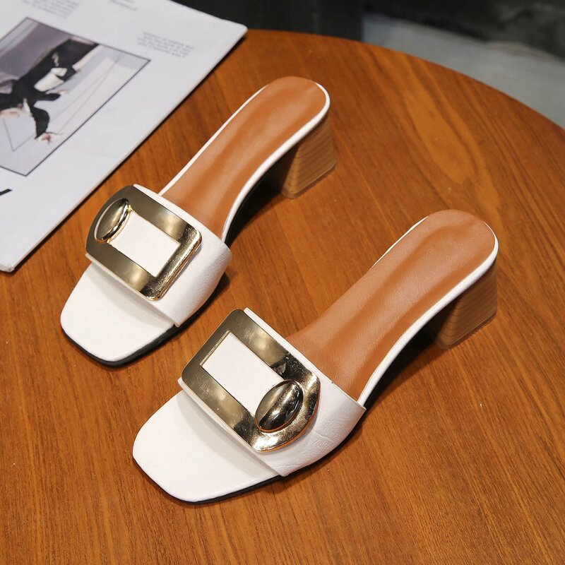 

Metal Decor Block Heeled Mules, White