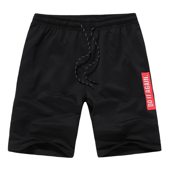 

Men Slogan Graphic Drawstring Shorts, Black
