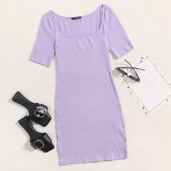 

Square Neck Rib-knit Bodycon Dress, Purple pastel