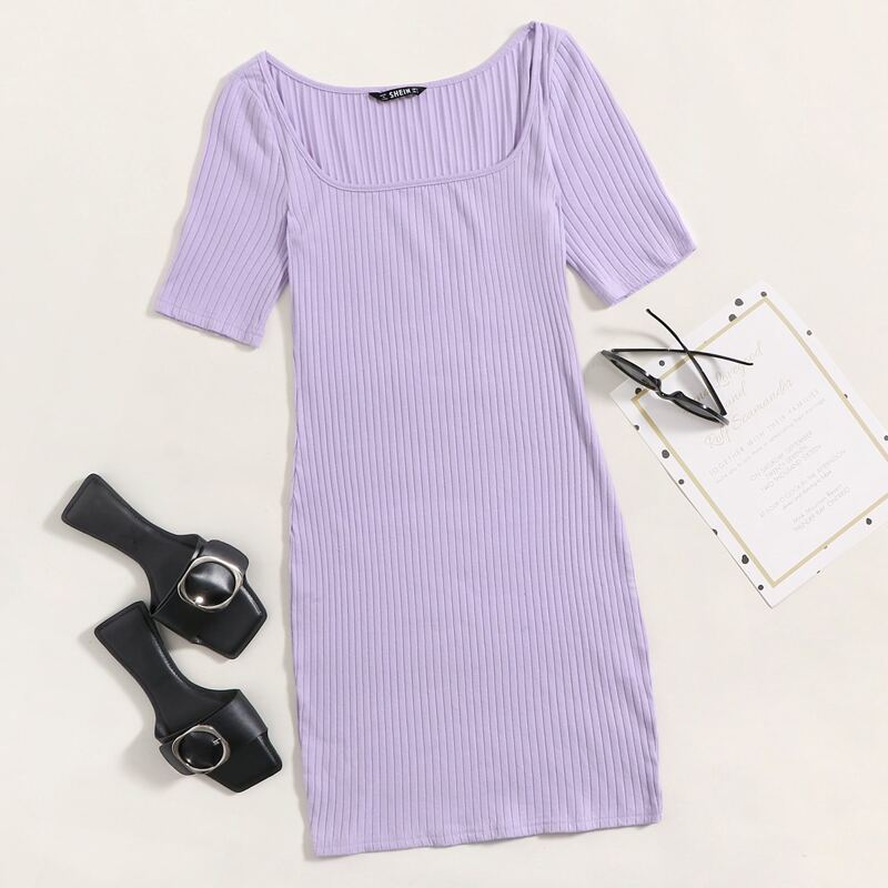 

Square Neck Rib-knit Bodycon Dress, Purple pastel