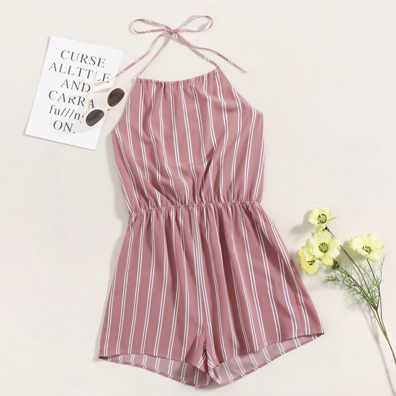 

Tie Back Striped Halter Romper, Pink