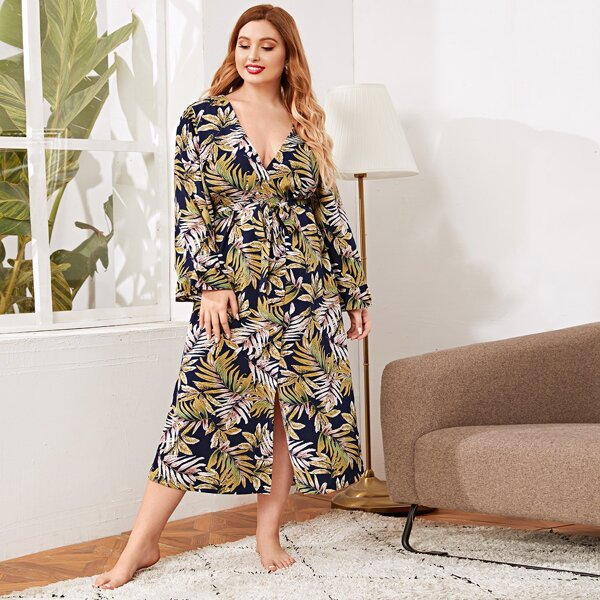 

Plus Tropical Print Belted Robe, Multicolor