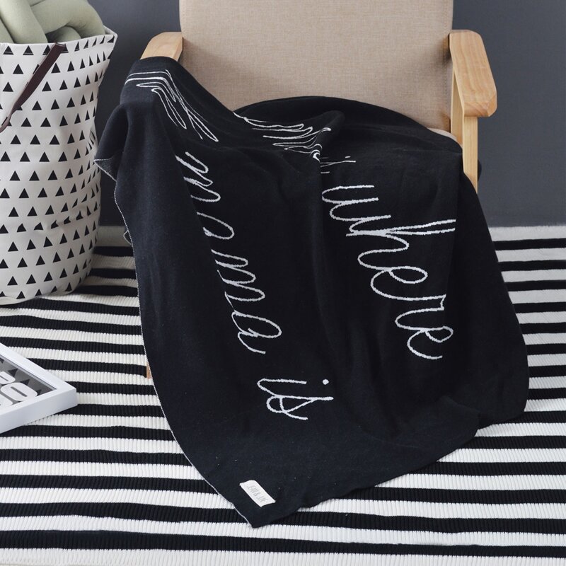 

Letter Graphic Knitted Blanket, Black