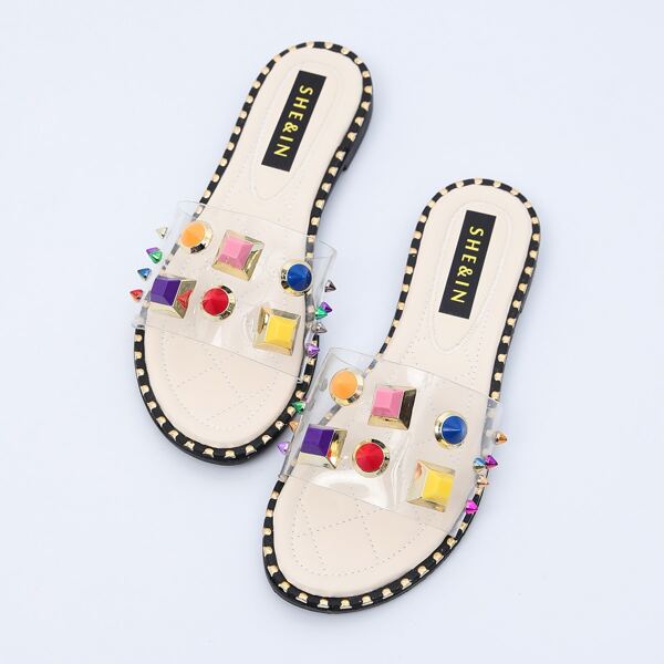 

Random Studded Decor Clear Sliders, Beige
