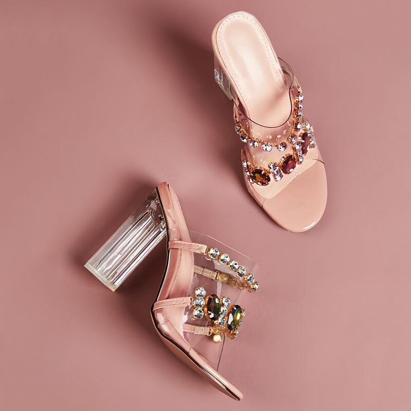

Clear Rhinestone Decor Chunky Heeled Mules, Multicolor