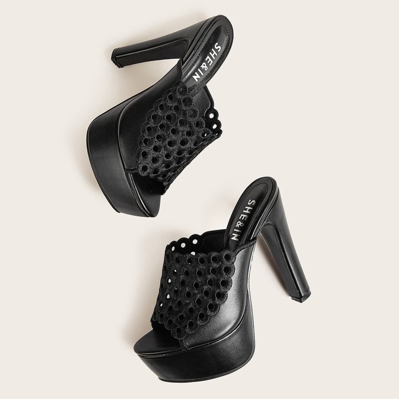 

Peep Toe Hollow Out Heeled Mules, Black