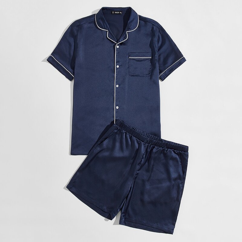 

Guys Patch Pocket Satin Shirt & Shorts PJ Set, Navy blue