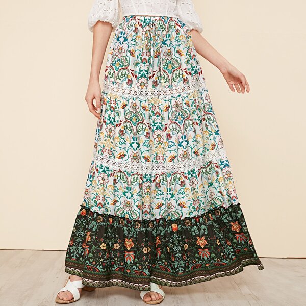 

Knot Elastic Waist Lace Insert Tribal Print Skirt, Multicolor