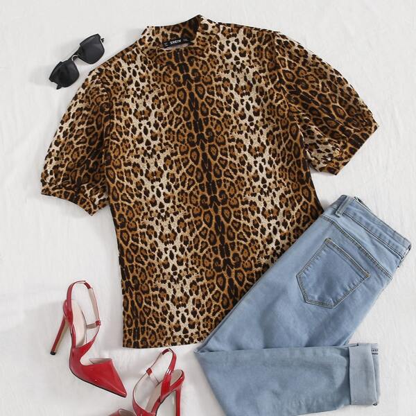 

Plus Leopard Print Stand Collar Tee, Multicolor