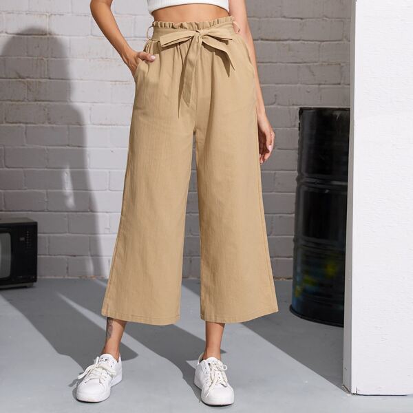 

Paperbag Waist Belted Wide Leg Pants, Khaki