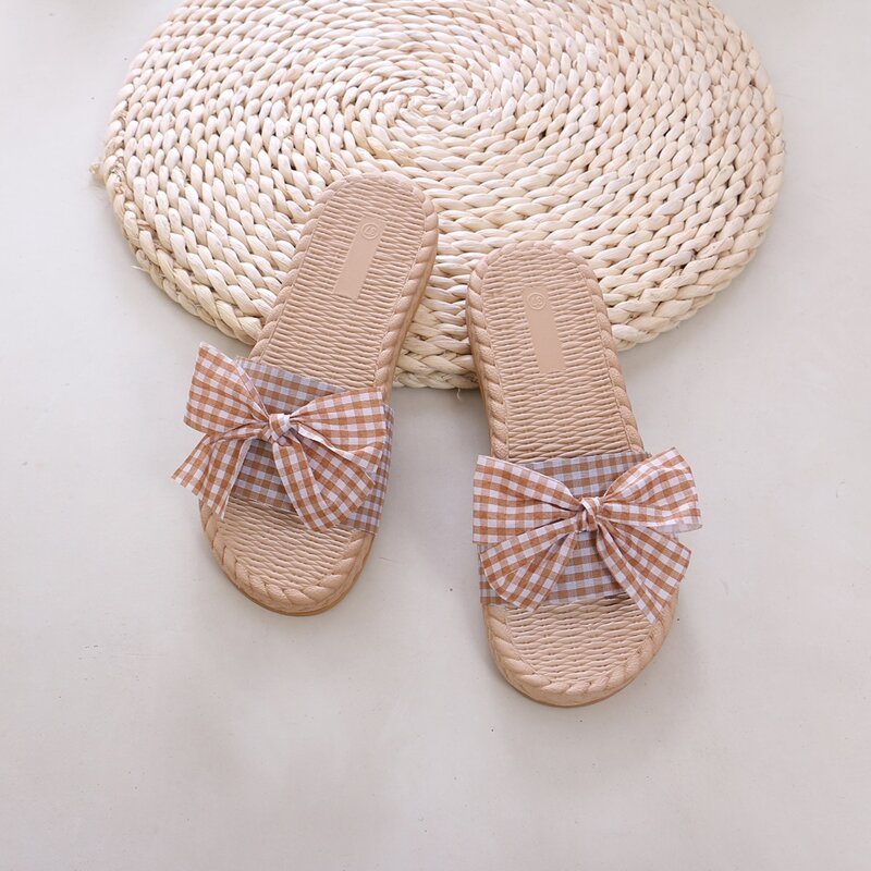 

Bow Decor Gingham Graphic Sliders, Khaki