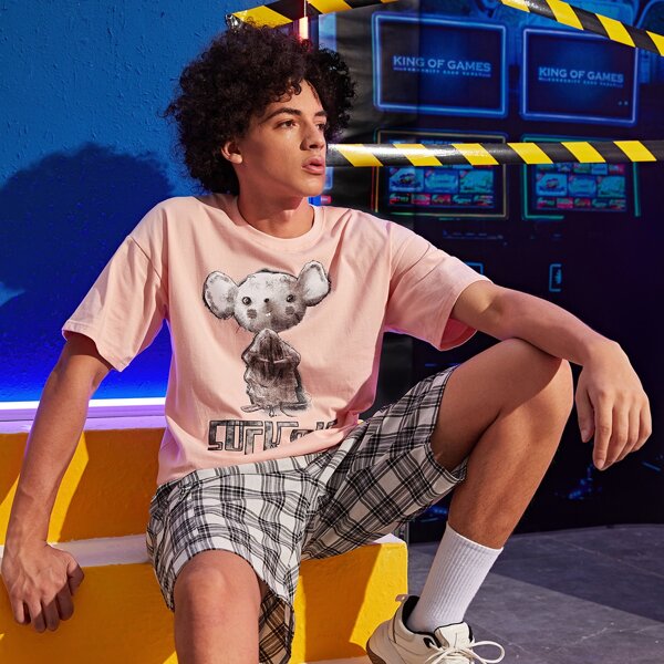 

Men Letter & Cartoon Graphic Tee, Pink