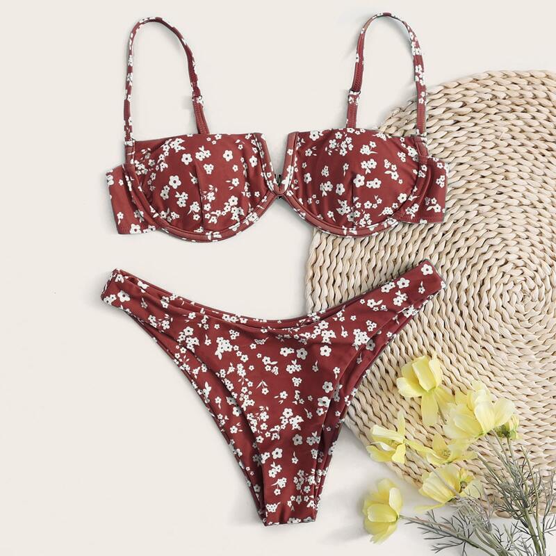 

Ditsy Floral V Wired Underwire Bikini Swimsuit, Red