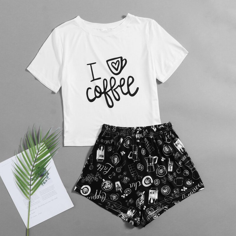 

Letter & Cartoon Graphic Pajama Set, Black and white