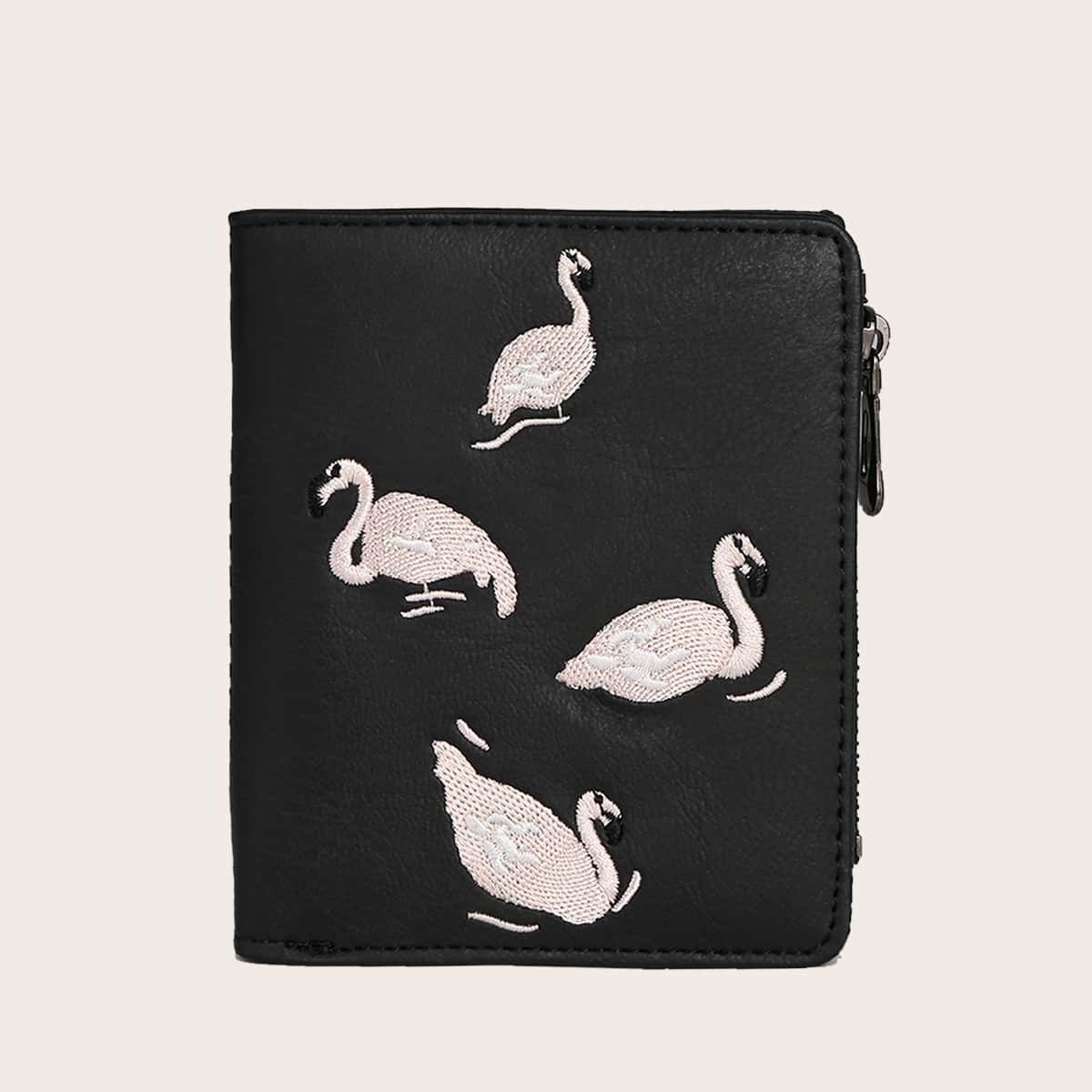 

Flamingo Embroidery Graphic Purse, Black