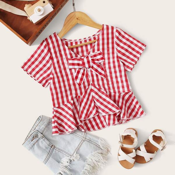 

Toddler Girls Gingham Print Bow Tie Front Blouse, Red