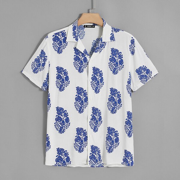 

Men Revere Collar Tribal Print Shirt, White